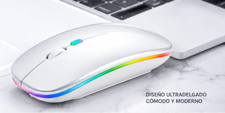 Mouse Inalámbrico Bluetooth Dual Recargable con Luz LED Silencioso, Compatible con PC, Laptop y Tablet