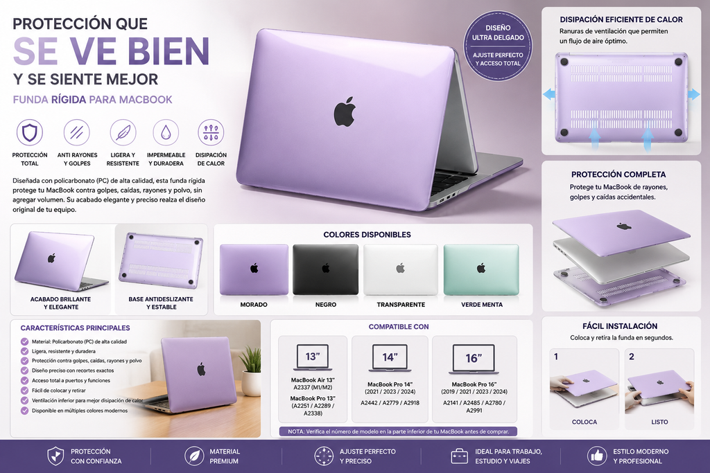 Funda Protectora Transparente para MacBook Air y Pro de 13" y 13.6"