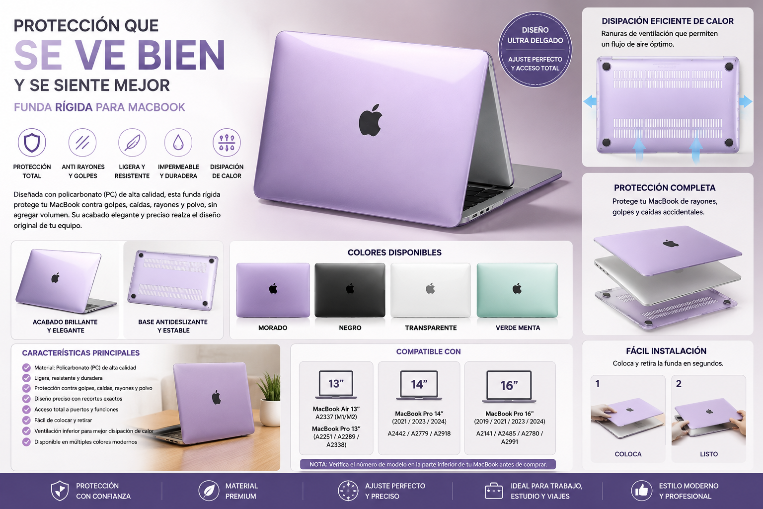 Funda Protectora Transparente para MacBook Air y Pro de 13" y 13.6"
