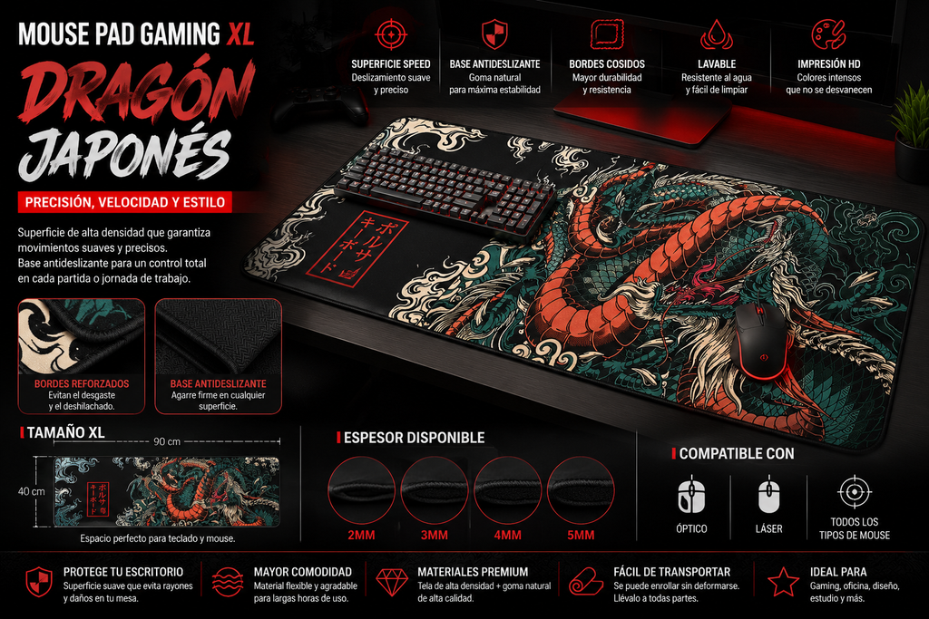 Mouse Pad Gamer XXL Dragón Japonés | Alfombrilla Gaming Speed Antideslizante