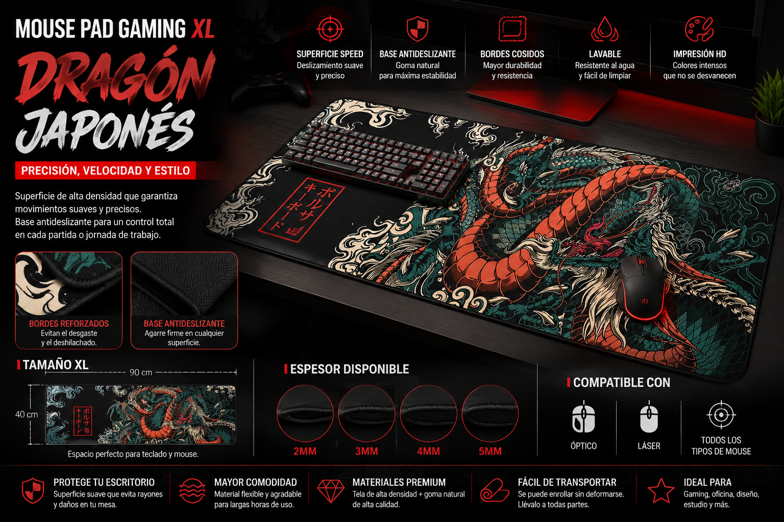 Mouse Pad Gamer XXL Dragón Japonés | Alfombrilla Gaming Speed Antideslizante