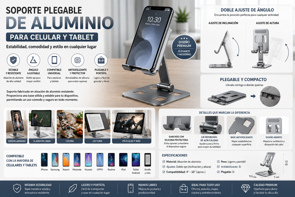 Soporte Plegable de Aluminio para Celular y Tablet | Ajustable y Universal