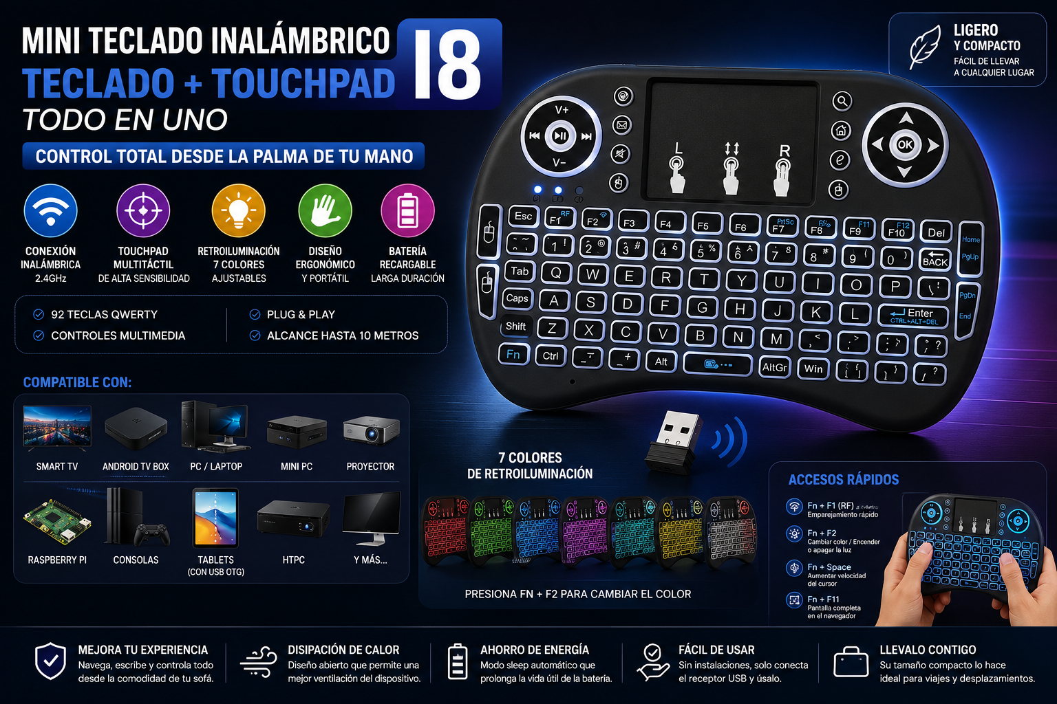 Mini Teclado Inalámbrico con Touchpad y Luces RGB para Android TV