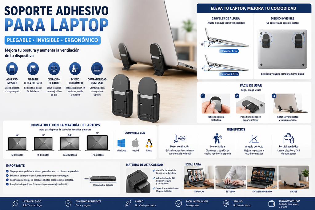 Base Elevadora Adhesiva para Laptop | Soporte Plegable y Portátil