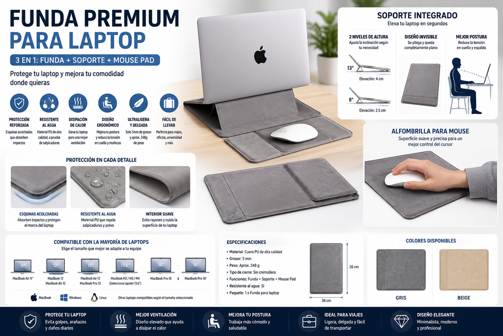 Funda para Laptop con Soporte Integrado | Compatible con MacBook, HP, Dell y Más