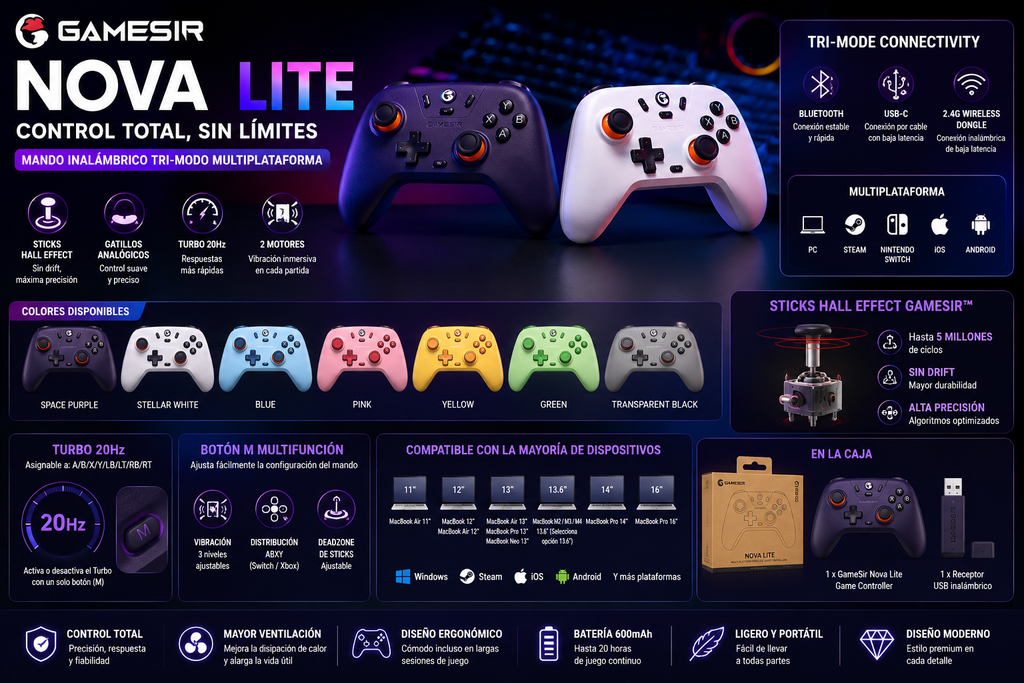 Control Inalámbrico GameSir Nova Lite con Hall Effect para Switch, PC, Android y iPhone