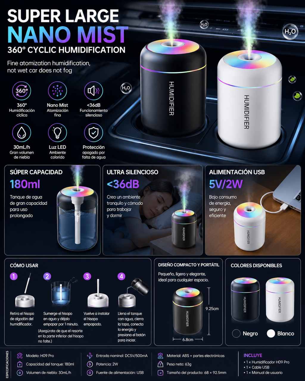 Mini Humidificador USB con Difusor de Aromas y Luz LED de 180 ml