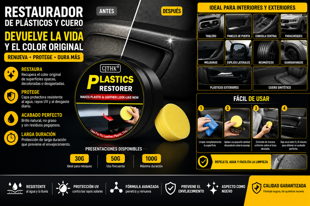 Restaurador de Plásticos y Cuero para Auto | Renueva, Protege y Devuelve el Brillo Original