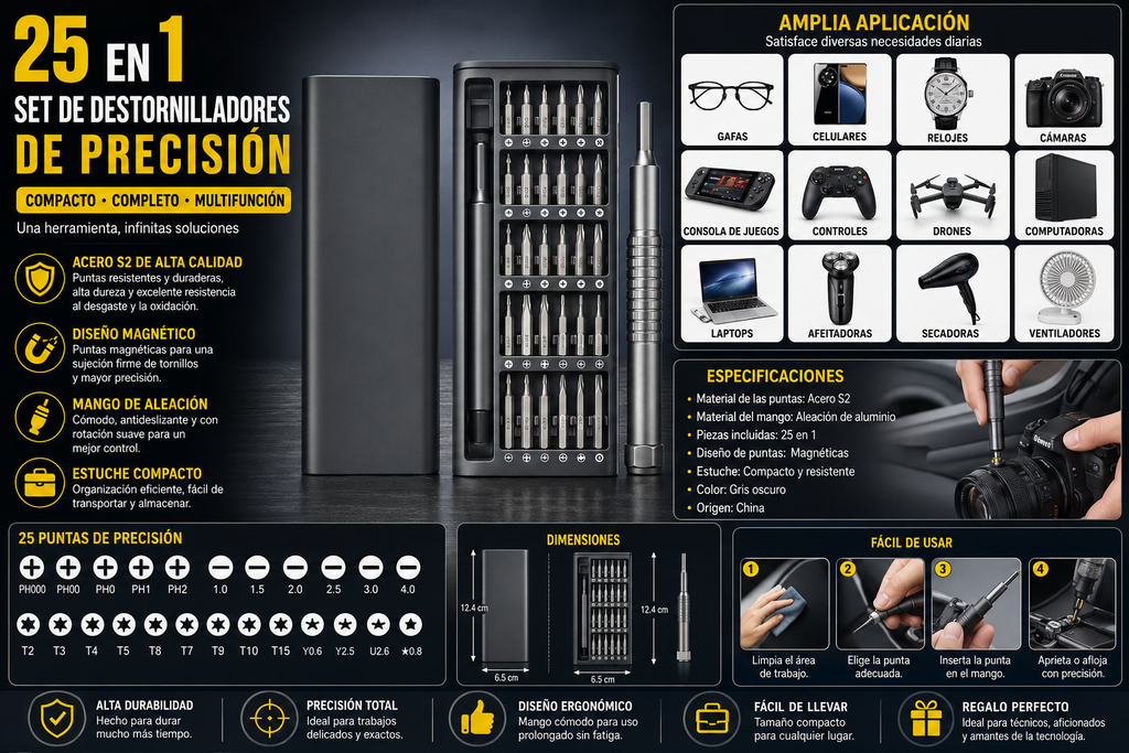 Set de Destornilladores de Precisión 25 en 1 | Kit Profesional para Reparación de Electrónicos