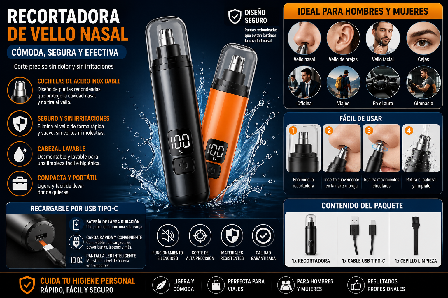 Recortadora Eléctrica de Vello Nasal USB Recargable | Pantalla LED y Cuchillas de Acero Inoxidable