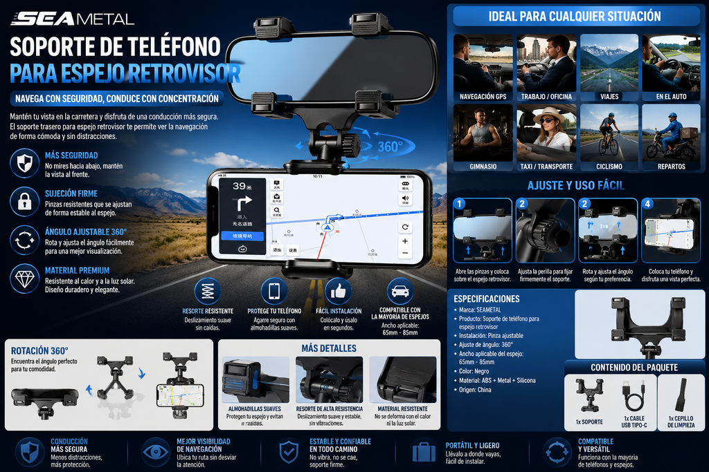 &nbsp;Soporte para Teléfono para Espejo Retrovisor – Rotación 360° | Conduce con Seguridad