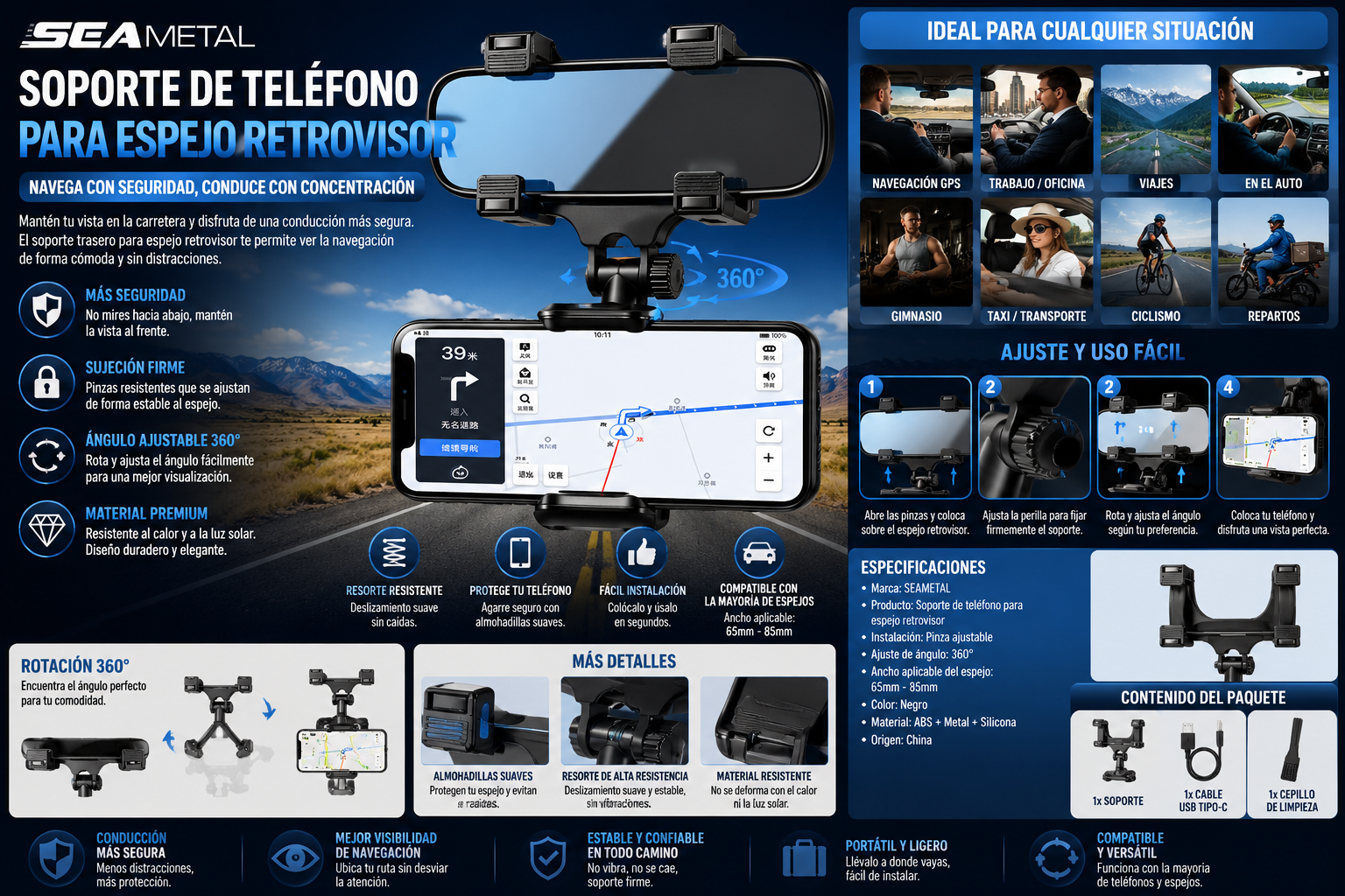 &nbsp;Soporte para Teléfono para Espejo Retrovisor – Rotación 360° | Conduce con Seguridad