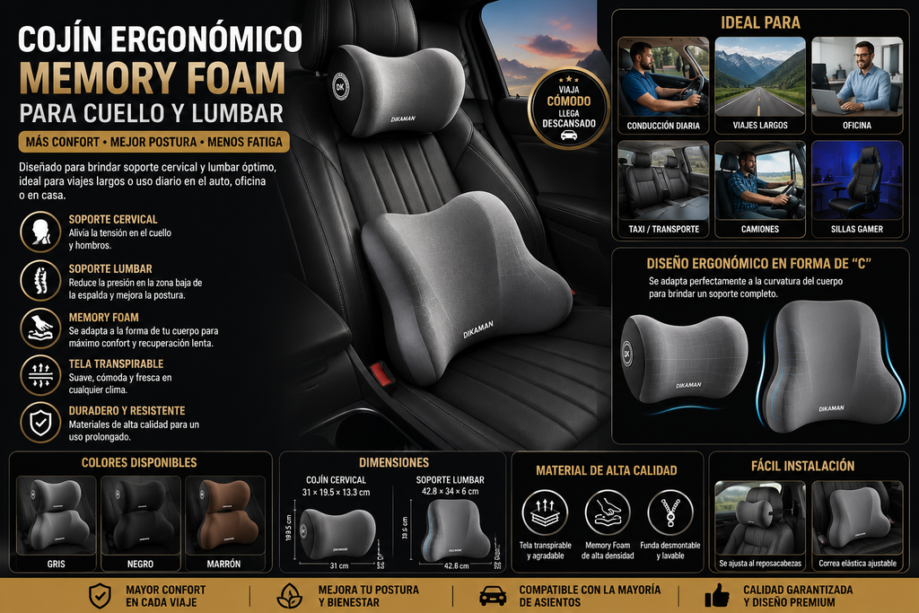 &nbsp;Cojín Ergonómico de Espuma Memory Foam para Auto | Soporte Lumbar y Cervical