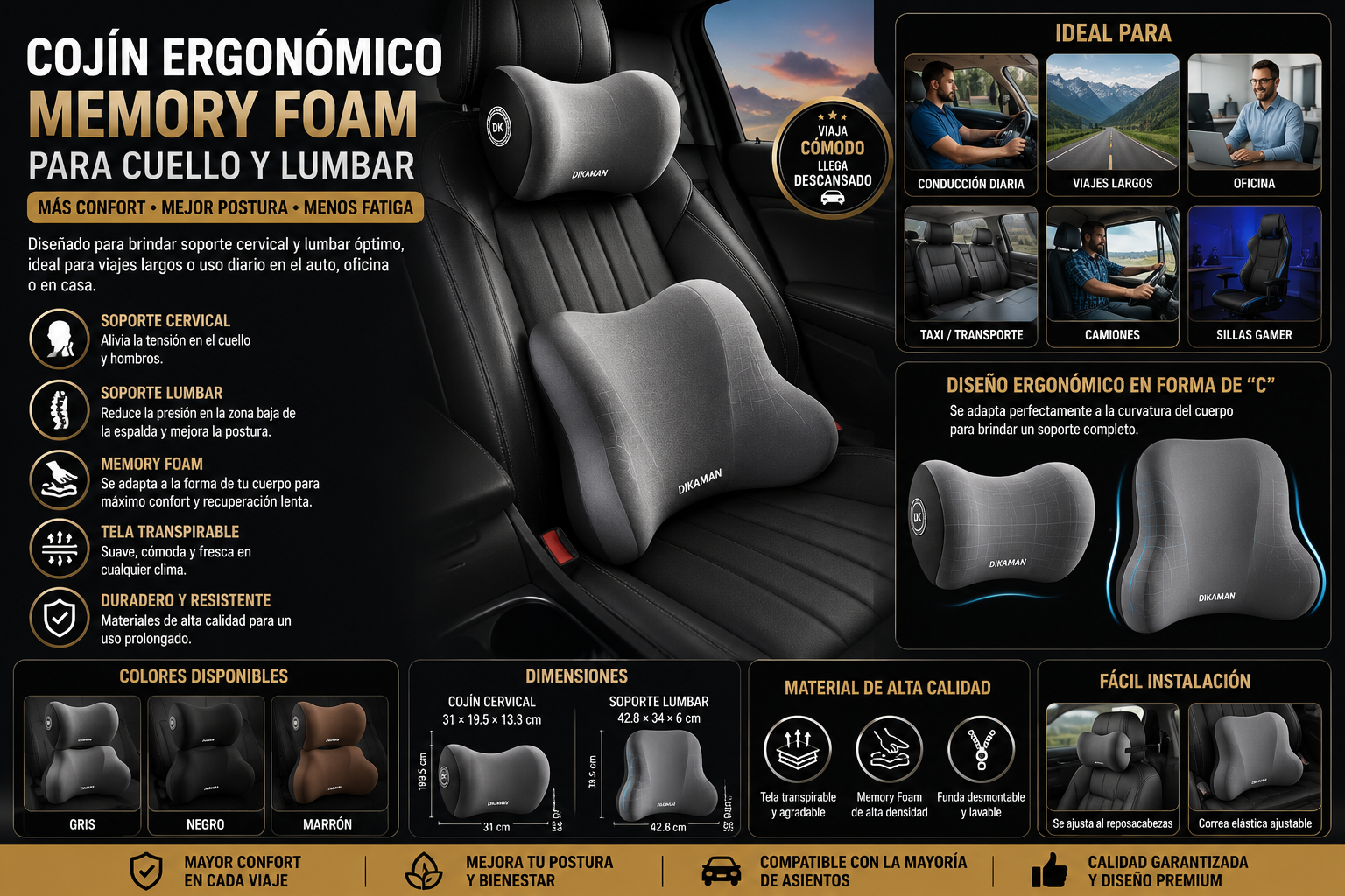 &nbsp;Cojín Ergonómico de Espuma Memory Foam para Auto | Soporte Lumbar y Cervical