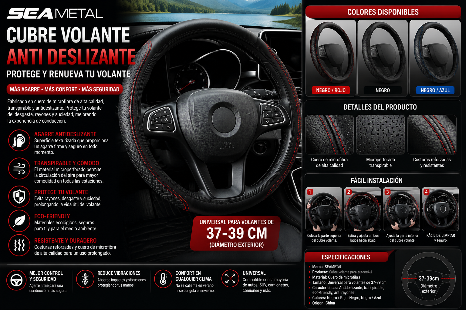 Cubre Volante Premium Antideslizante de Cuero Microfibra | Universal 37-39 cm