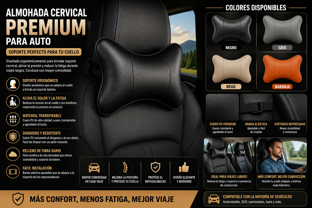 Almohada Cervical Premium para Auto | Soporte Ergonómico para Cuello | Cuero PU Suave | Universal