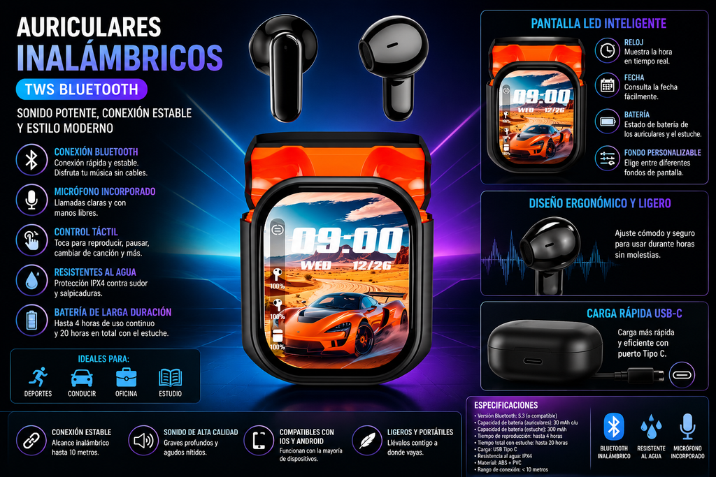 Auriculares Inalámbricos TWS Bluetooth con Pantalla LED Inteligente