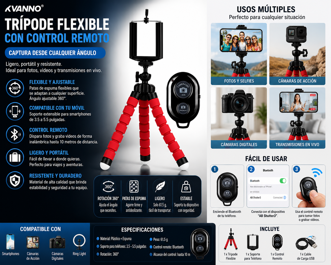 Trípode Flexible Universal con Control Remoto Bluetooth para Celular, Cámara y GoPro