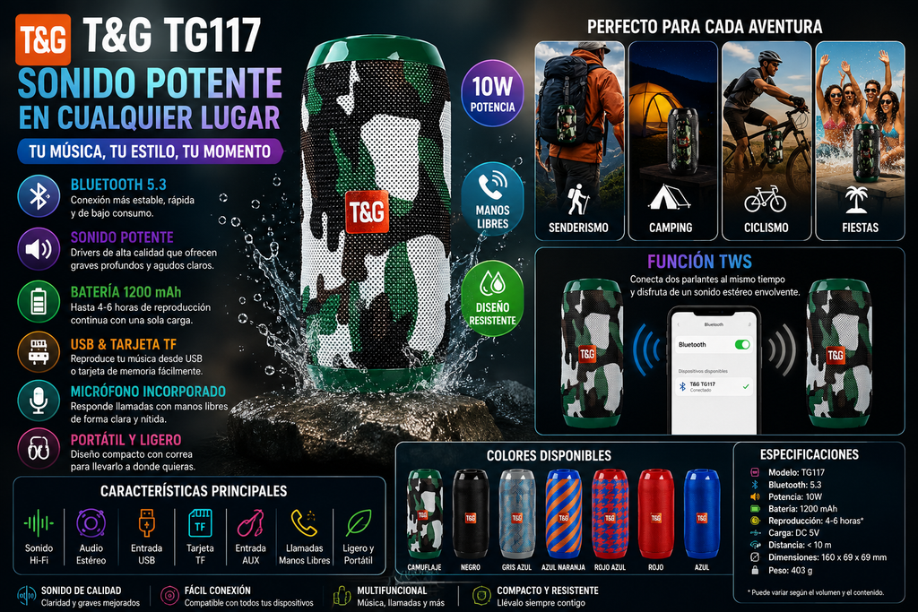 Bocina Bluetooth Portátil T&amp;G TG117 | Bluetooth 5.3 | Sonido Estéreo 10W | Manos Libres | USB, AUX y Tarjeta TF
