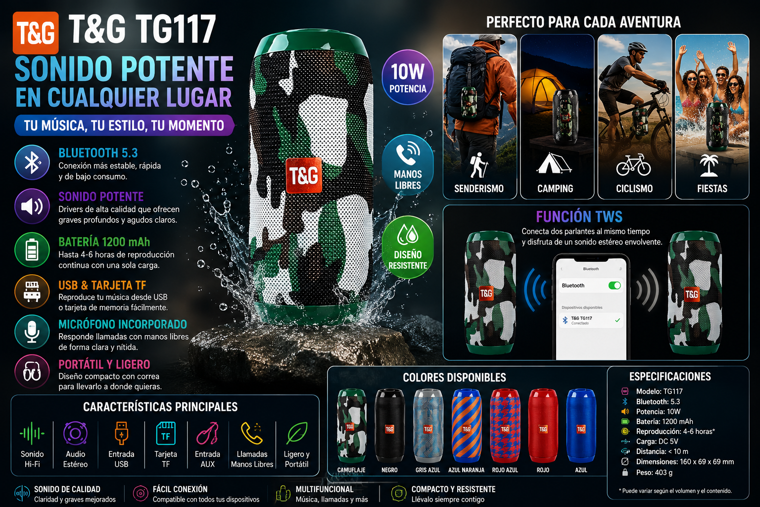 Bocina Bluetooth Portátil T&amp;G TG117 | Bluetooth 5.3 | Sonido Estéreo 10W | Manos Libres | USB, AUX y Tarjeta TF