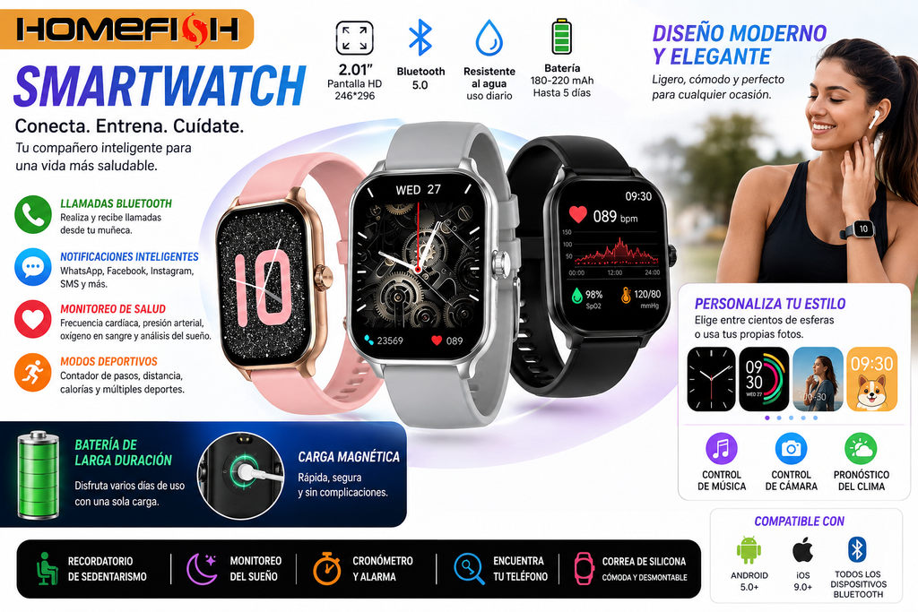 Smartwatch HOMEFISH | Pantalla HD 2.01" | Llamadas Bluetooth | Monitoreo de Salud | Compatible con Android e iPhone
