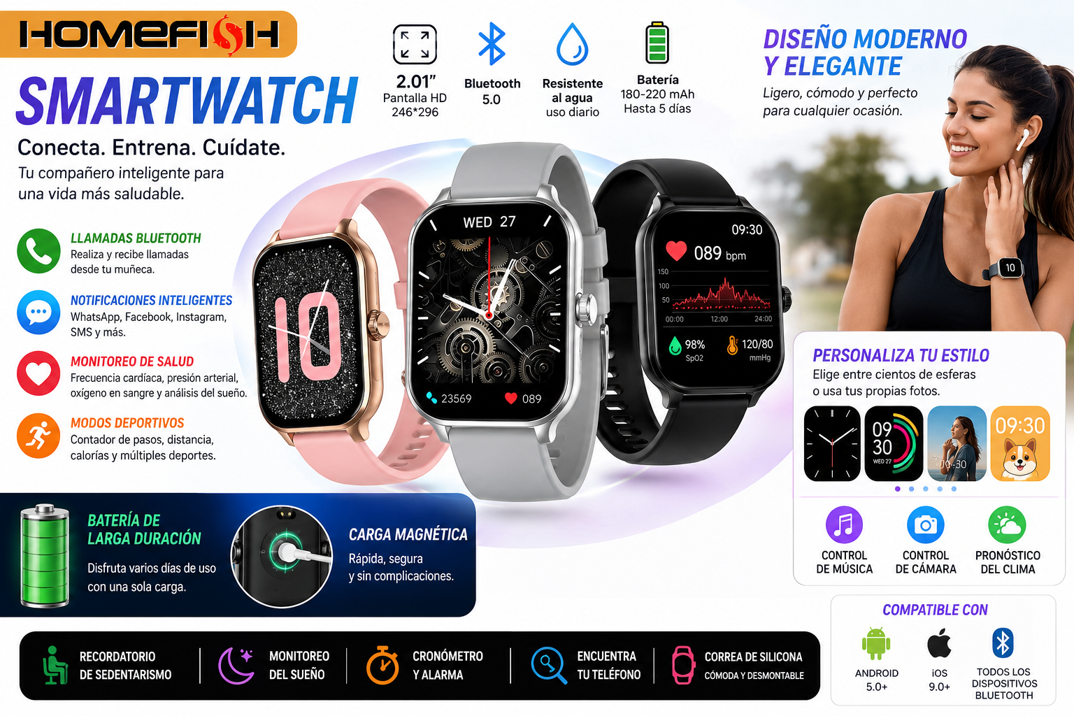 Smartwatch HOMEFISH | Pantalla HD 2.01" | Llamadas Bluetooth | Monitoreo de Salud | Compatible con Android e iPhone