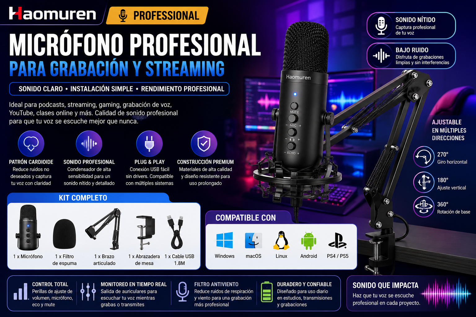 Micrófono USB Profesional para Streaming, Podcast, Gaming y Grabación | Kit Completo con Brazo Articulado