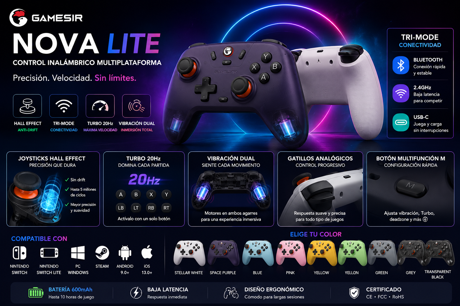 GameSir Nova Lite Control Inalámbrico Bluetooth | Hall Effect | PC, Nintendo Switch, Steam, Android e iOS