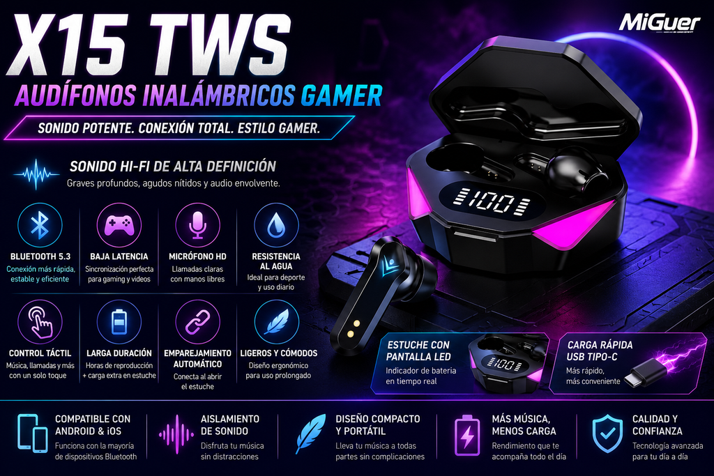 Audífonos Inalámbricos Gamer X15 TWS Bluetooth 5.3 – Baja Latencia, Sonido Hi-Fi y Estuche con Pantalla LED