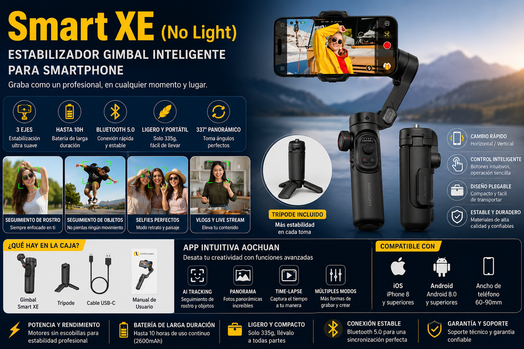 Estabilizador Gimbal Inteligente AOCHUAN Smart XE de 3 Ejes para Smartphone | Seguimiento IA, Bluetooth y Trípode Incluido