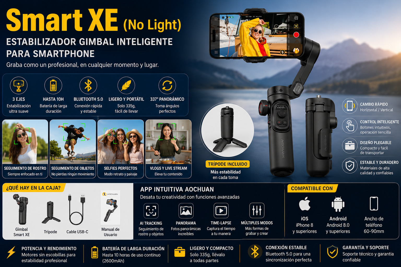 Estabilizador Gimbal Inteligente AOCHUAN Smart XE de 3 Ejes para Smartphone | Seguimiento IA, Bluetooth y Trípode Incluido