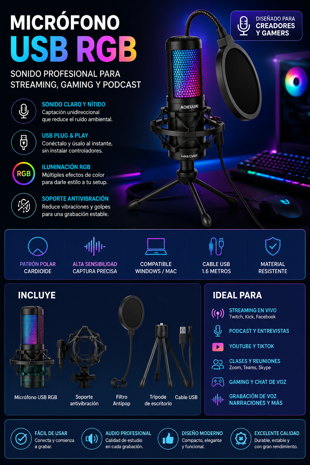 Micrófono Condensador USB RGB para Streaming, Gaming y Podcast | Plug &amp; Play con Filtro Antipop y Trípode
