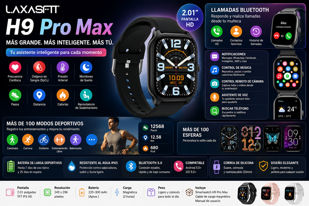 Smartwatch H9 Pro Max – Pantalla HD 2.01", Llamadas Bluetooth y Monitoreo de Salud