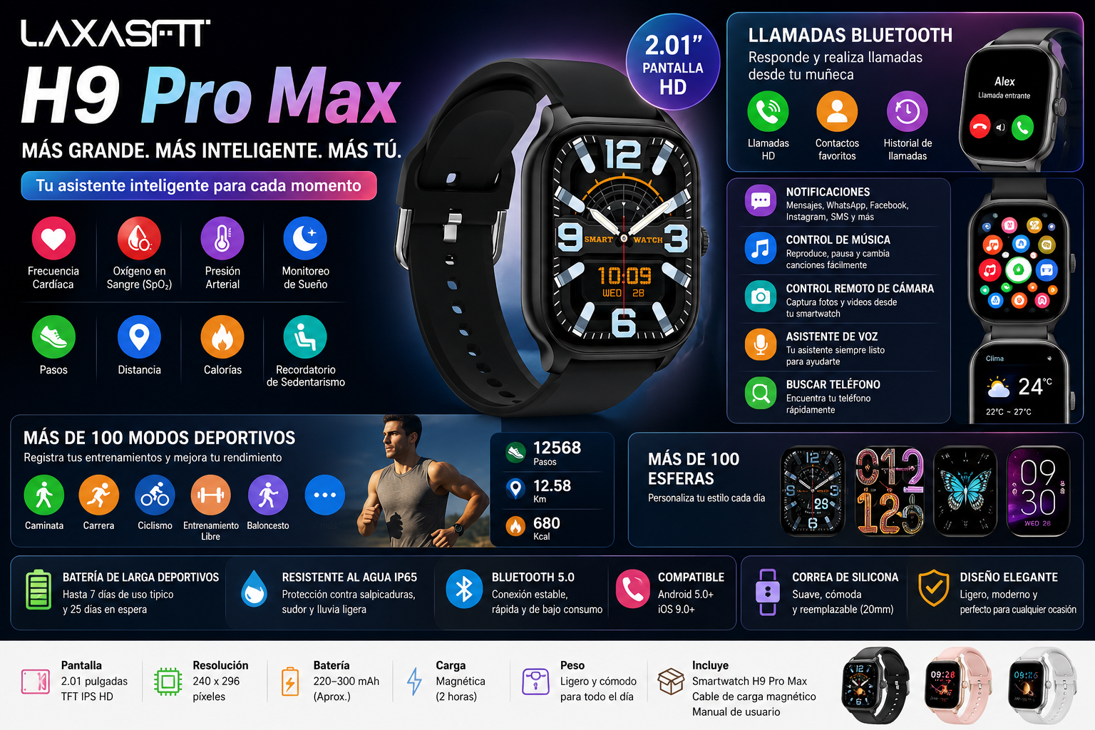 Smartwatch H9 Pro Max – Pantalla HD 2.01", Llamadas Bluetooth y Monitoreo de Salud