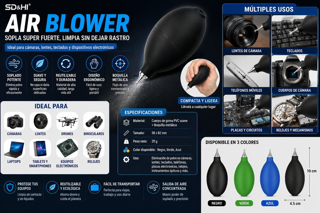 Perilla de Aire para Limpieza de Cámaras, Lentes y Equipos Electrónicos – Soplador Manual de Alta Precisión