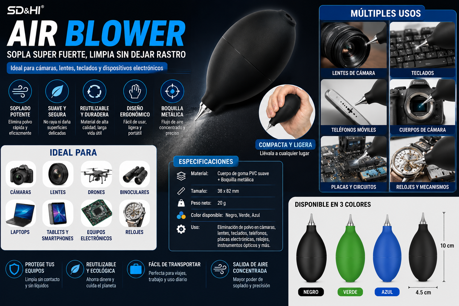 Perilla de Aire para Limpieza de Cámaras, Lentes y Equipos Electrónicos – Soplador Manual de Alta Precisión