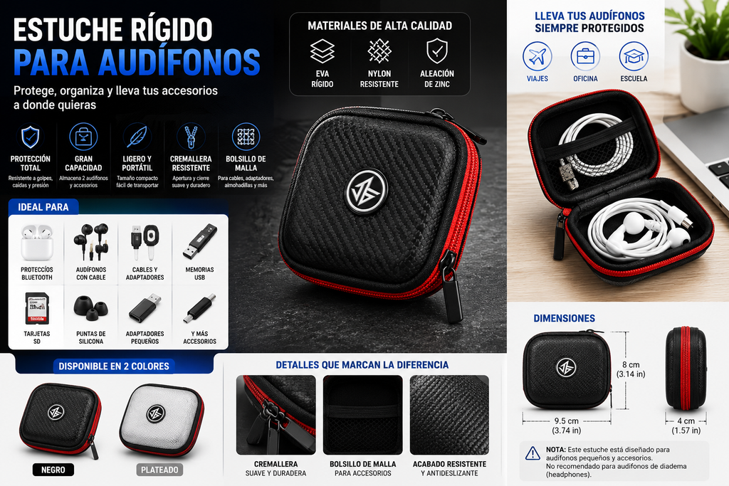 Estuche Rígido para Audífonos – Funda Protectora EVA Resistente a Golpes con Cierre de Cremallera