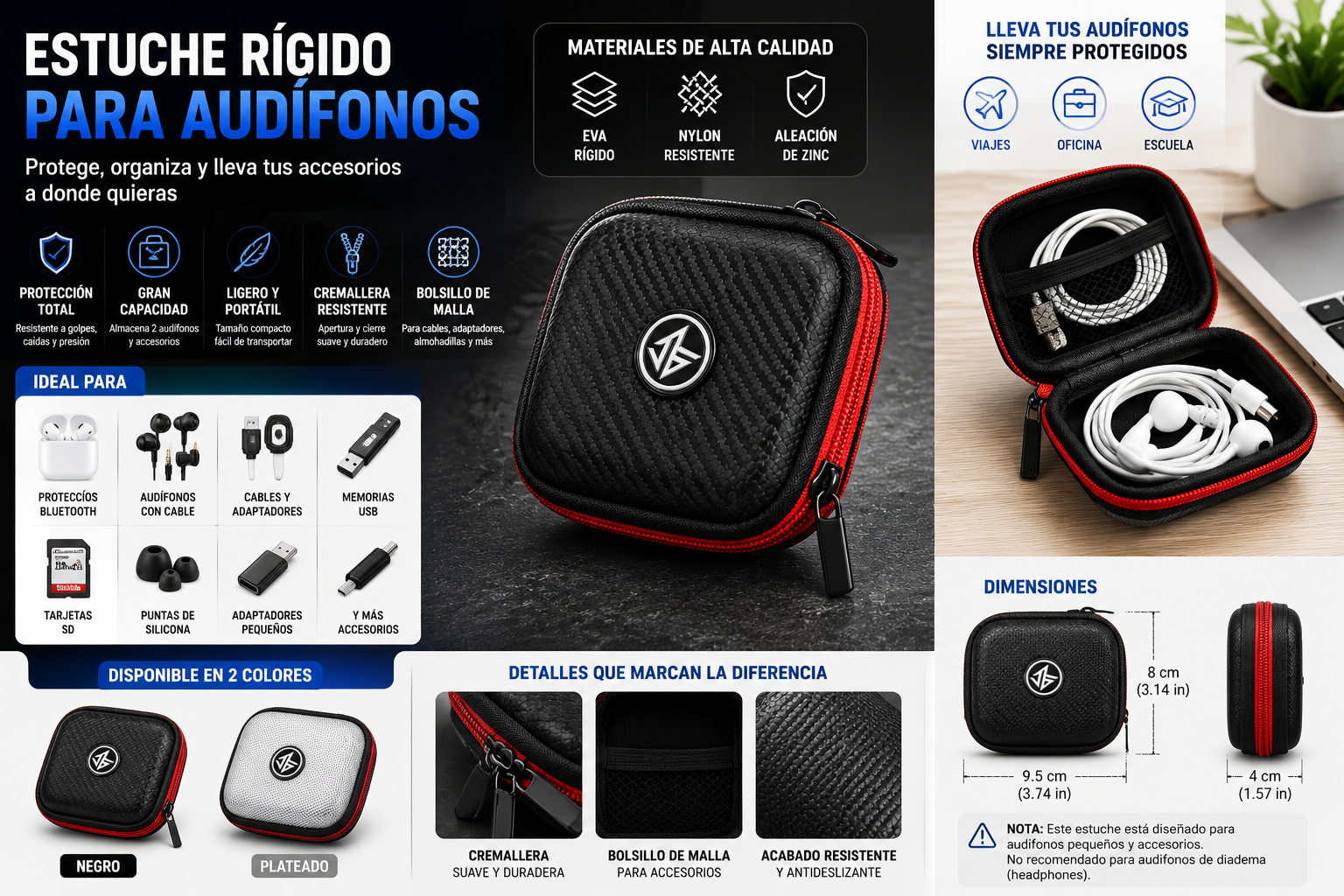 Estuche Rígido para Audífonos – Funda Protectora EVA Resistente a Golpes con Cierre de Cremallera