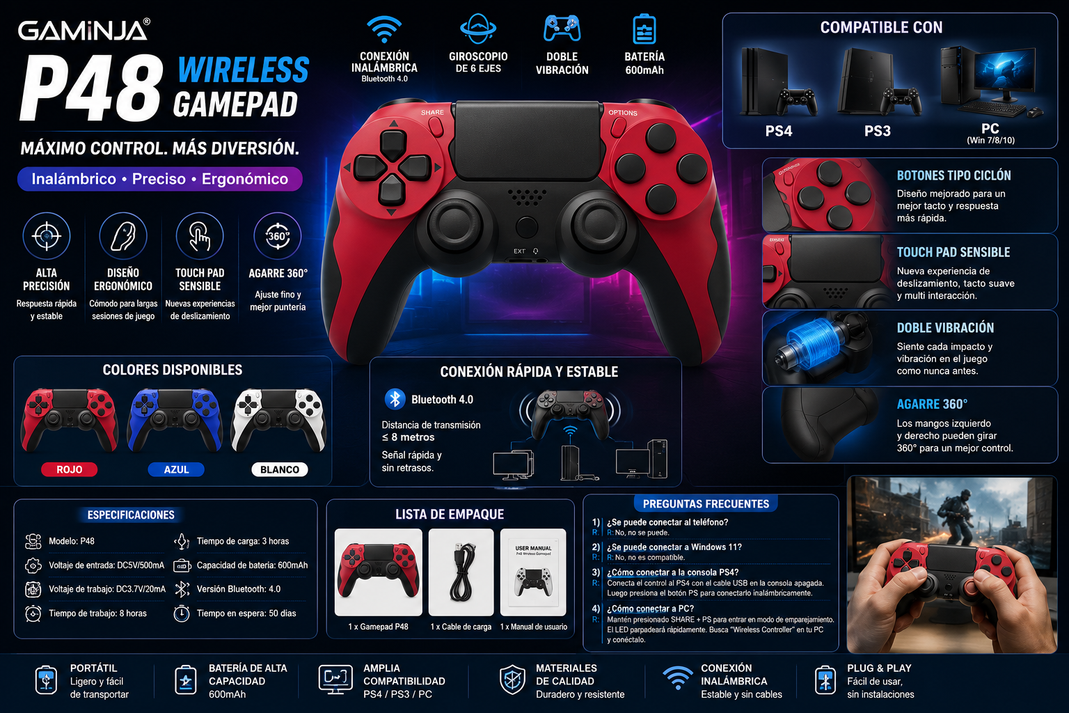 Control Inalámbrico P48 para PS4, PS3 y PC | Bluetooth 4.0, Doble Vibración y Touch Pad