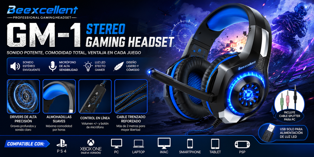 Audífonos Gamer Beexcellent GM-1 | Sonido Estéreo Envolvente, Micrófono con Cancelación de Ruido y Luz LED