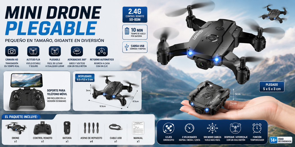 Mini Drone Plegable con Cámara HD | Control WiFi, Altura Estable y Vuelo 360°