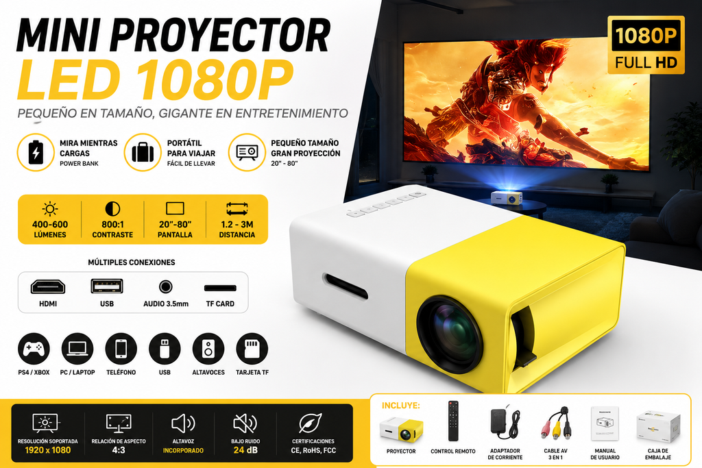 Mini Proyector LED 1080P Portátil YG-300 | Compatible con PS4, Xbox, PC y Laptop