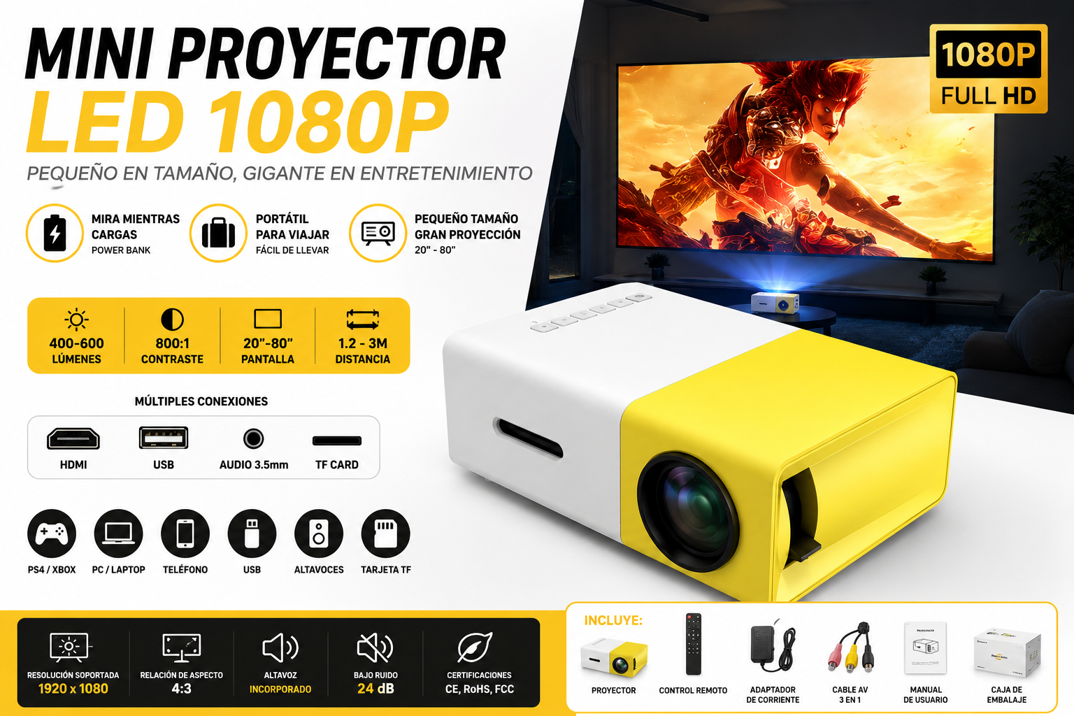 Mini Proyector LED 1080P Portátil YG-300 | Compatible con PS4, Xbox, PC y Laptop