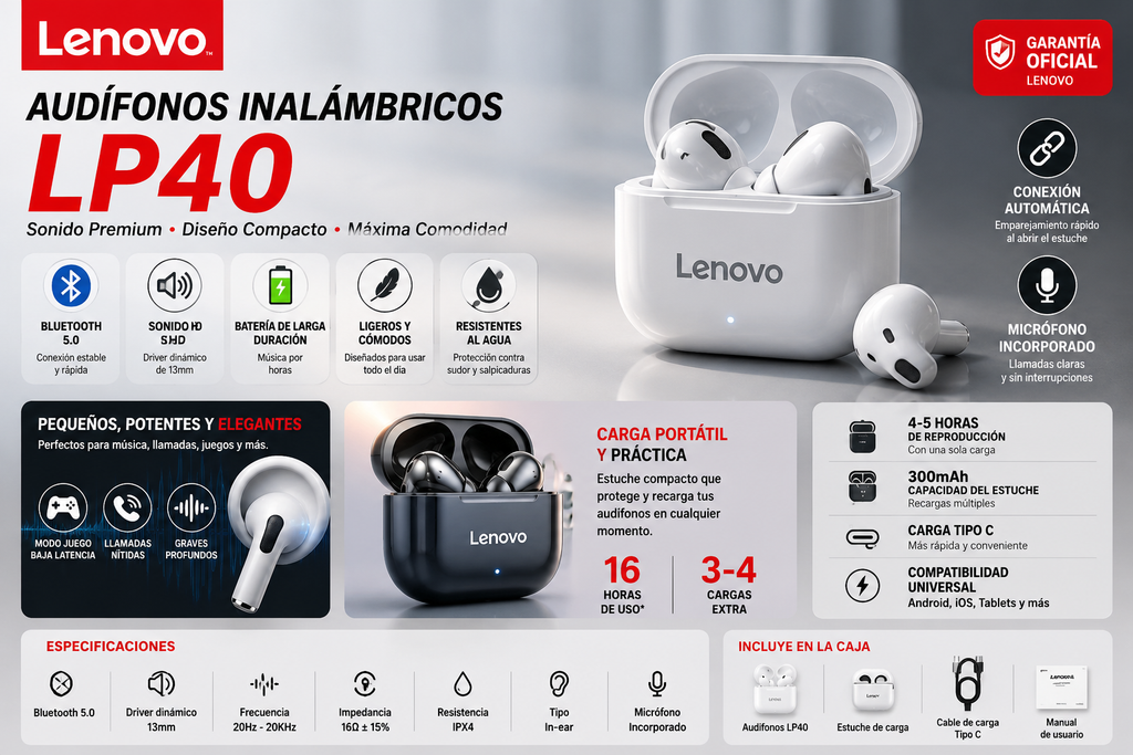 Audífonos Inalámbricos Lenovo LP40 Bluetooth 5.0 | Sonido HiFi, Micrófono HD y Baja Latencia