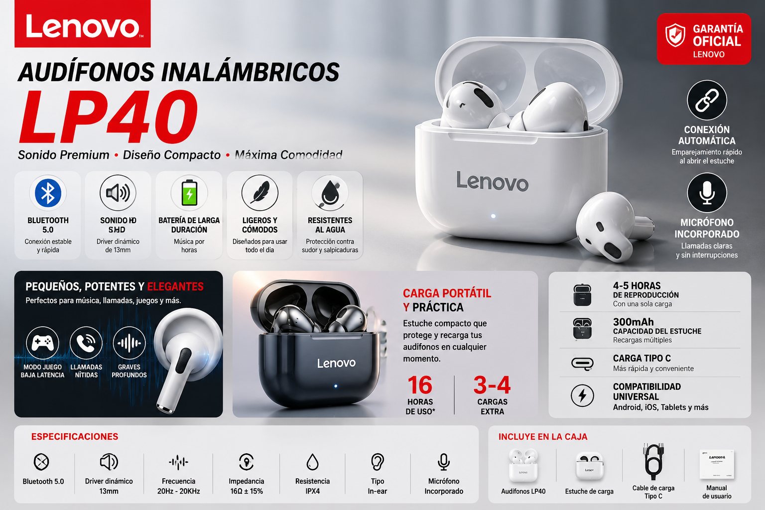 Audífonos Inalámbricos Lenovo LP40 Bluetooth 5.0 | Sonido HiFi, Micrófono HD y Baja Latencia