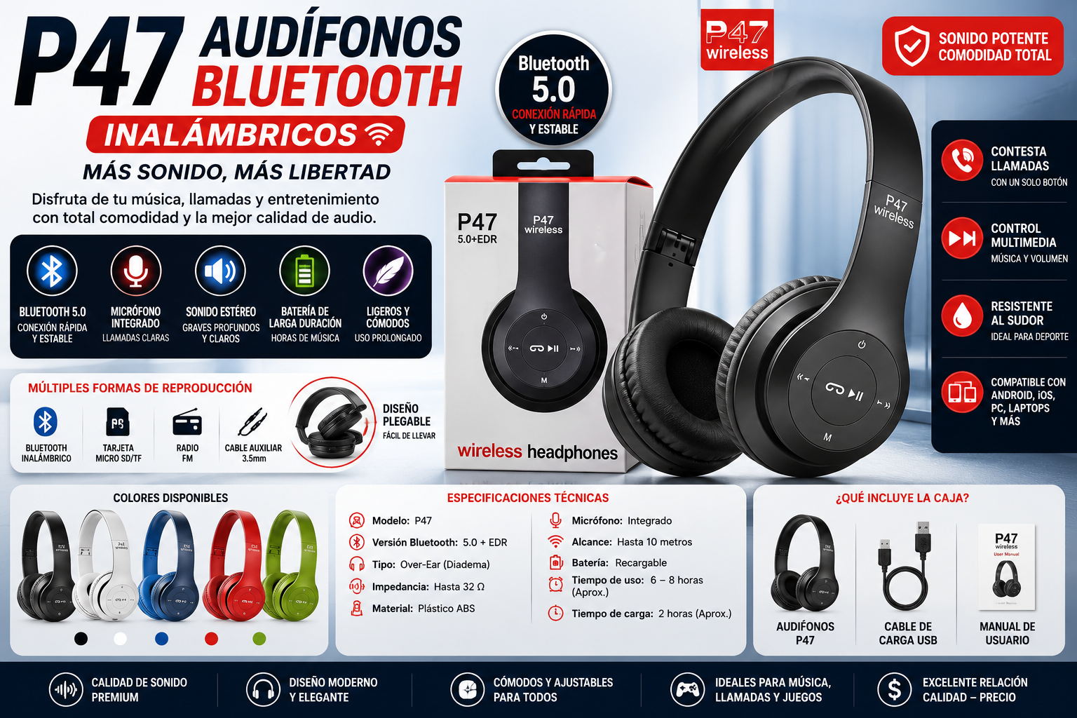 Audífonos Bluetooth P47 – Sonido Potente, Comodidad y Libertad Inalámbrica