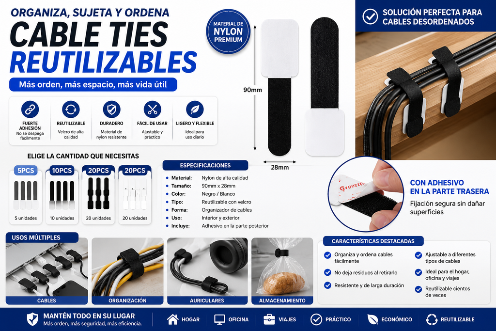 Organizador de Cables Reutilizable con Velcro Adhesivo | Mantén tu Espacio Siempre Ordenado