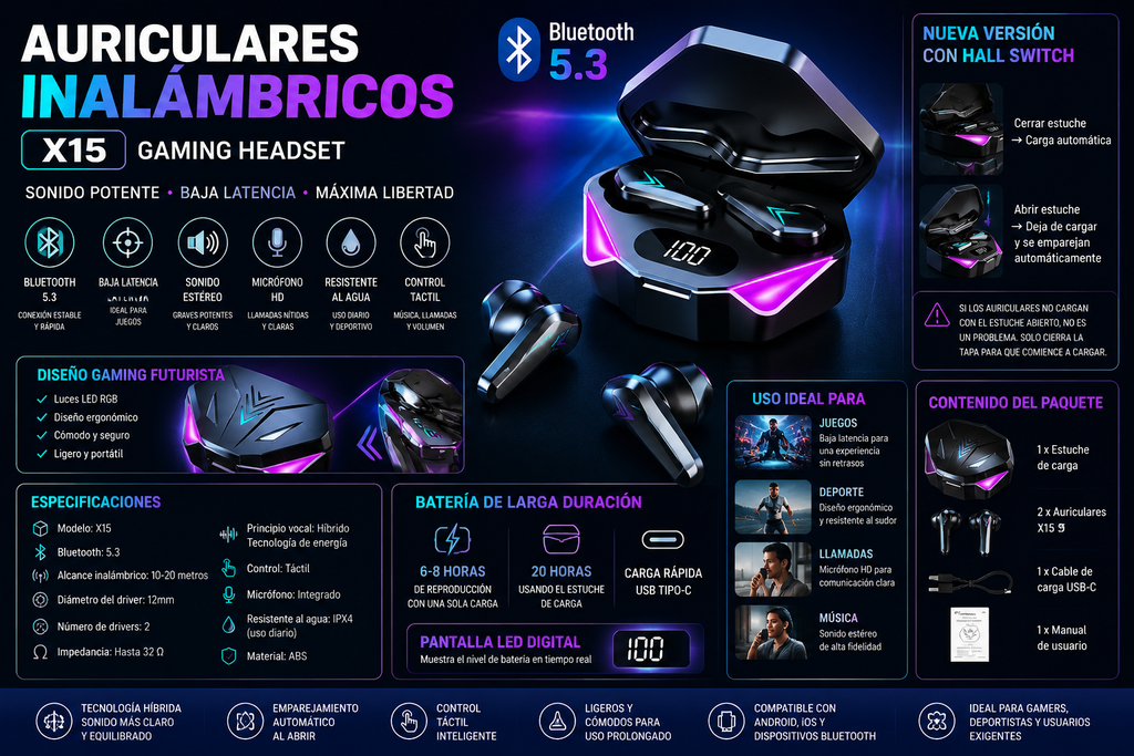 Auriculares Gaming Inalámbricos X15 Bluetooth 5.3 con Pantalla LED | Baja Latencia | Micrófono HD | Estuche de Carga