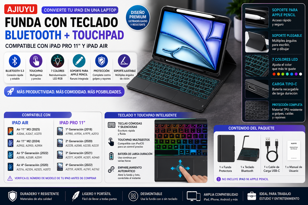 Funda con Teclado Bluetooth para iPad Pro 11" y iPad Air | Touchpad Multigestos | Retroiluminación RGB | Soporte para Apple Pencil