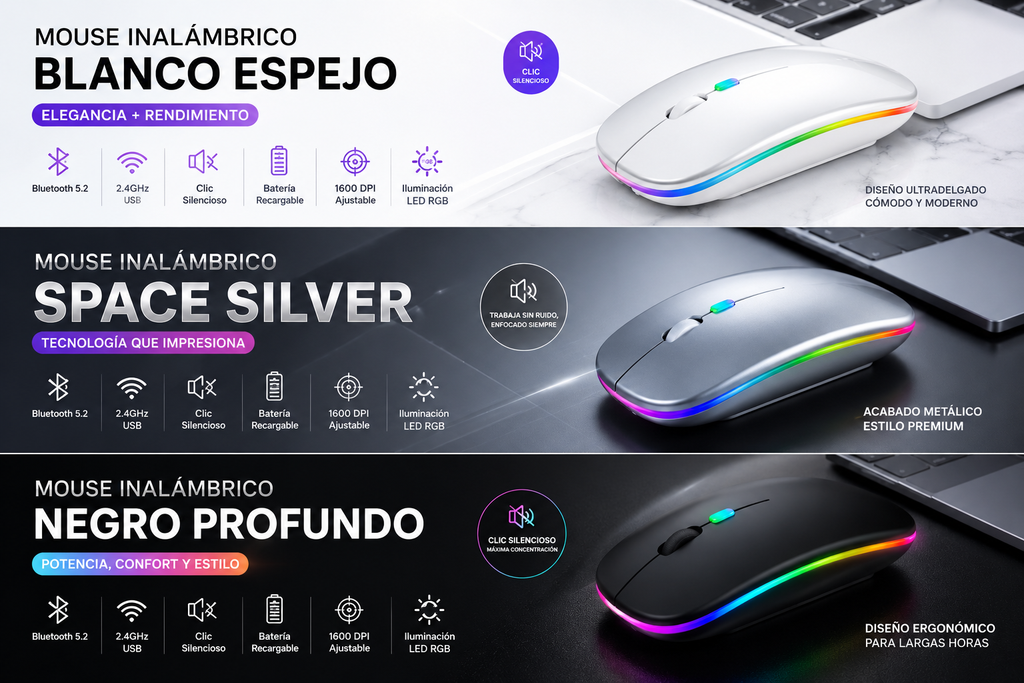 Mouse Inalámbrico Bluetooth Dual Recargable con Luz LED Silencioso, Compatible con PC, Laptop y Tablet